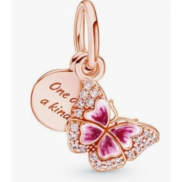 Pandora Jewelry - Pink Butterfly & Quote Double Dangle Charm ,Charms fit Pandora Bracelet